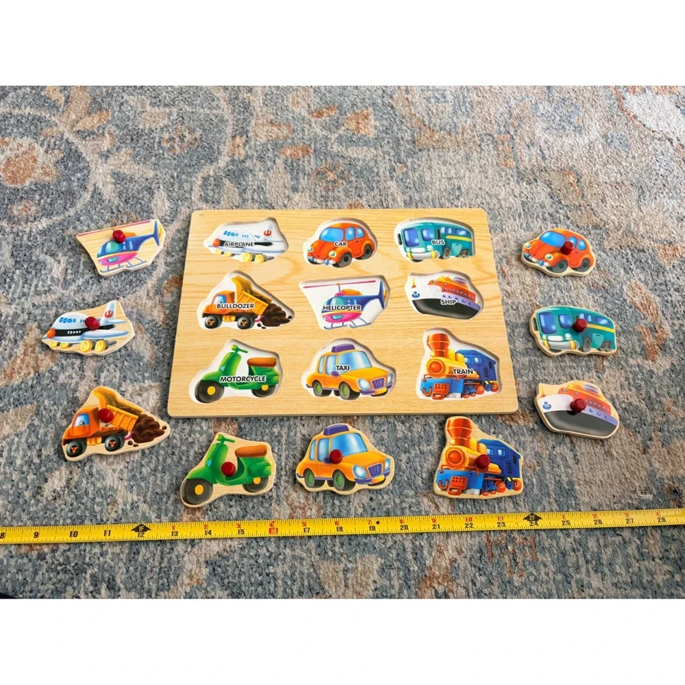 Wooden Transportation Vehicles Trucks Peg Puzzle for Toddlers Kids
